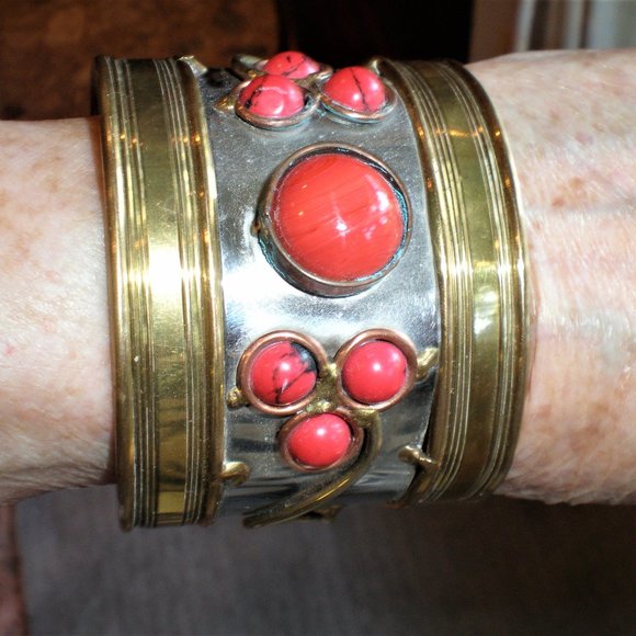 Wide Cuff Bracelet with Red Stones - Picture 2 of 6